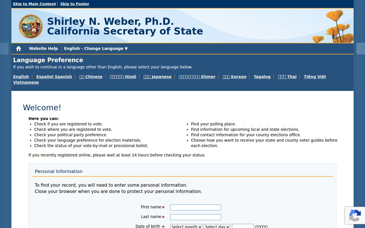Laguna Niguel resident records California voter status lookup