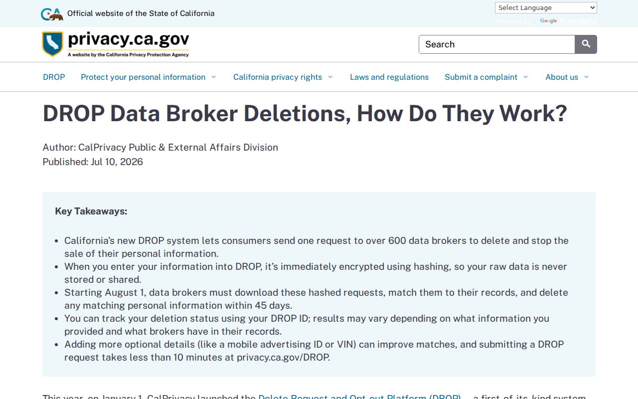 Laguna Niguel block California DROP deletion process