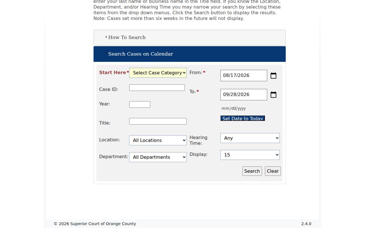 Laguna Niguel court hearing calendar lookup